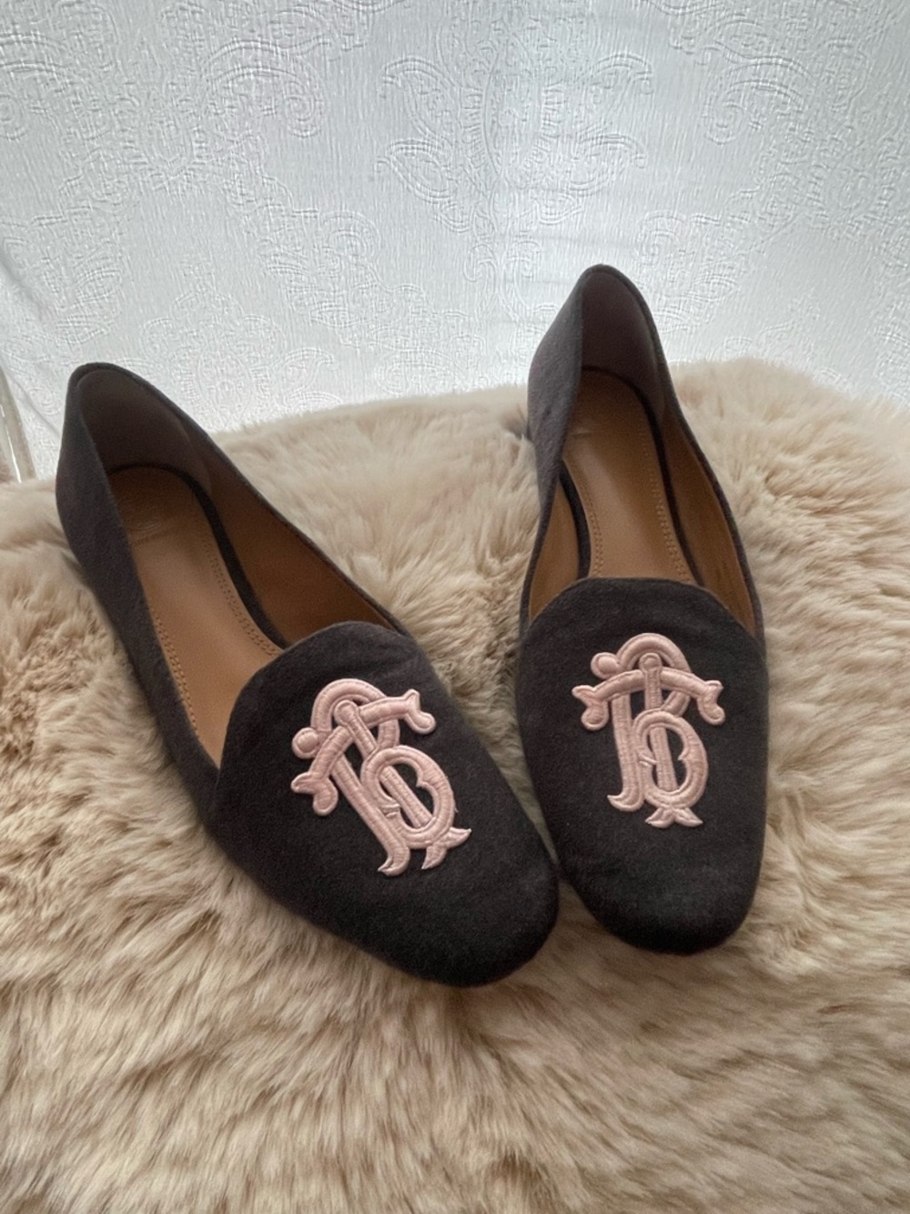 Grey Suede Women's Loafers with Pink Embroidered Monogram